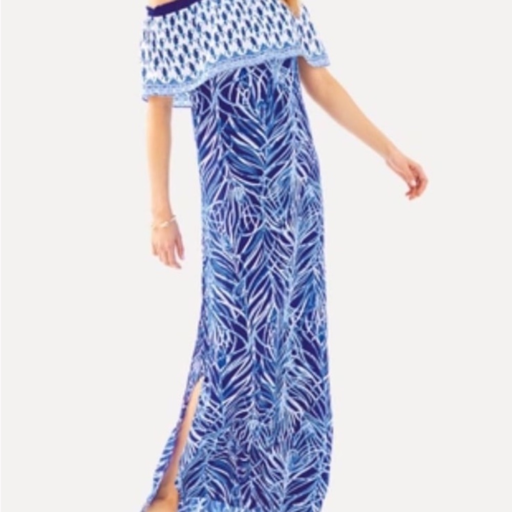 Lilly Pulitzer Blue and White Off the Shoulder Maxi Dress size Large NWT